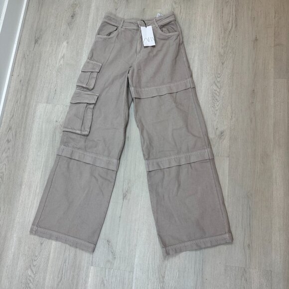ZARA Extra Long Wide Leg Baggy Cargo Pants Womens Small Khaki - Picture 6 of 8
